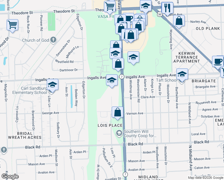 map of restaurants, bars, coffee shops, grocery stores, and more near Braemer in Joliet