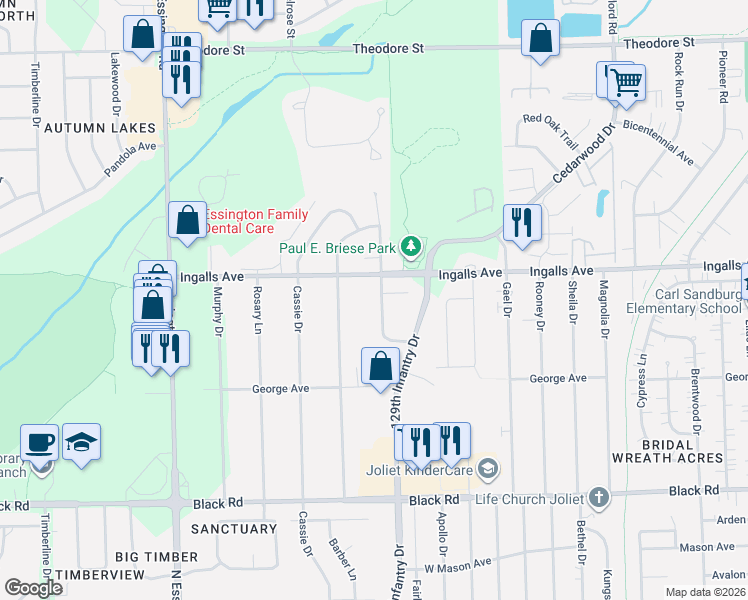 map of restaurants, bars, coffee shops, grocery stores, and more near 1105 Rock Springs Drive in Joliet