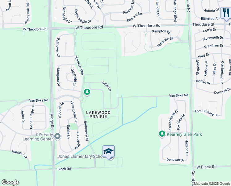map of restaurants, bars, coffee shops, grocery stores, and more near 1122 Violet Lane in Joliet