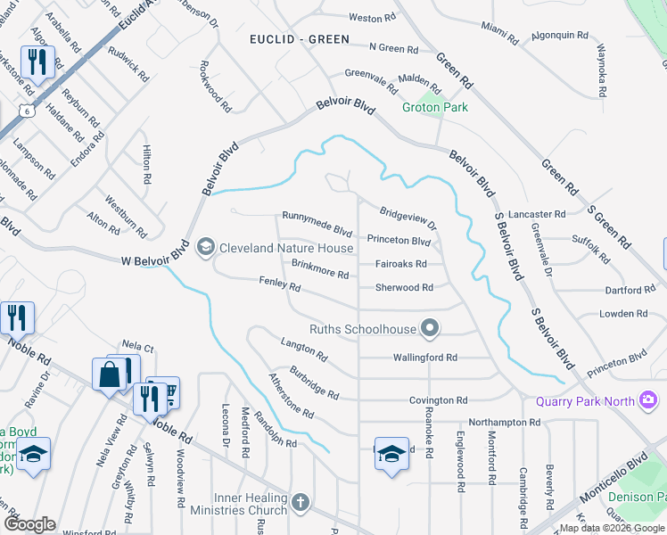 map of restaurants, bars, coffee shops, grocery stores, and more near 3704 Brinkmore Road in Cleveland Heights