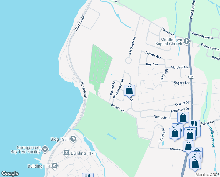map of restaurants, bars, coffee shops, grocery stores, and more near 91 Pequot Lane in Middletown