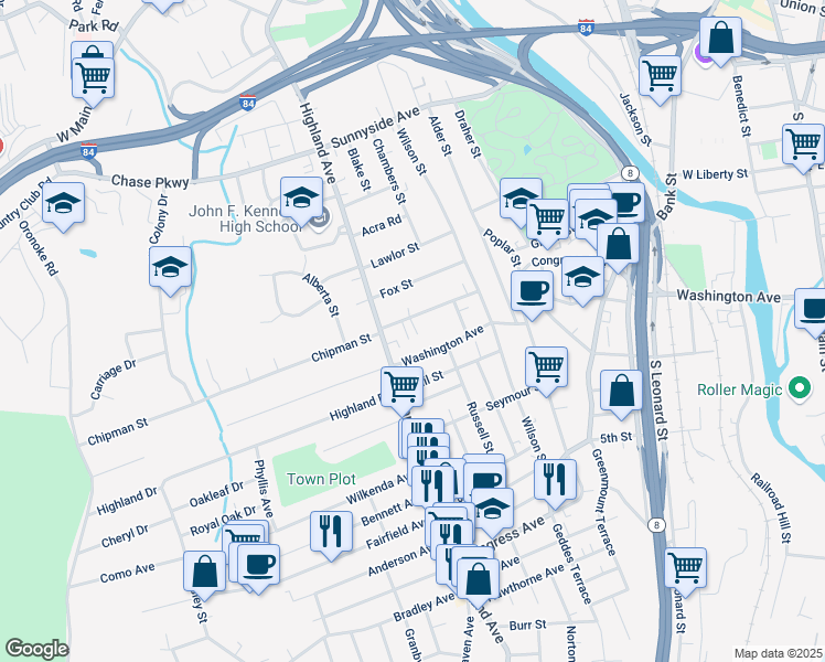 map of restaurants, bars, coffee shops, grocery stores, and more near 616 Washington Avenue in Waterbury