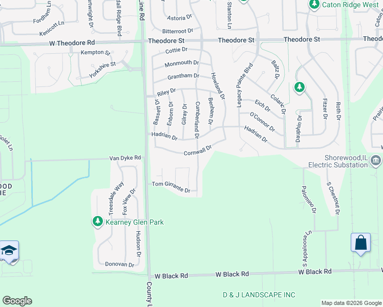 map of restaurants, bars, coffee shops, grocery stores, and more near 6917 Cornwall Drive in Joliet