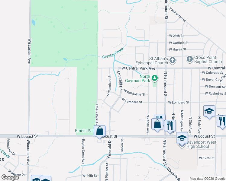 map of restaurants, bars, coffee shops, grocery stores, and more near 2215 North Blanchard Street in Davenport
