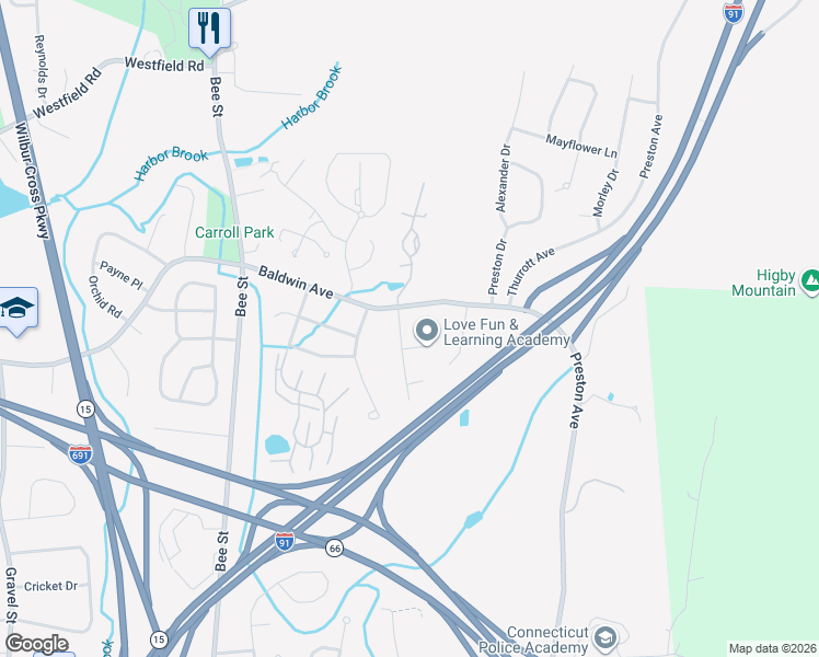 map of restaurants, bars, coffee shops, grocery stores, and more near 31 Courtney Court in Meriden