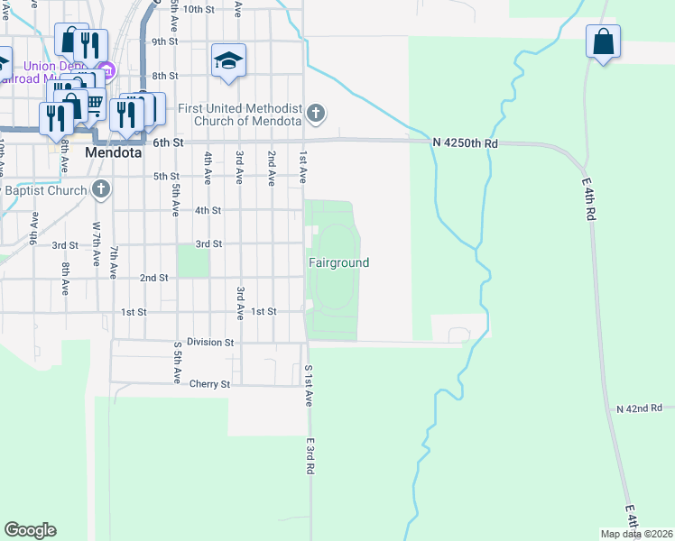 map of restaurants, bars, coffee shops, grocery stores, and more near 503 1st Street in Mendota