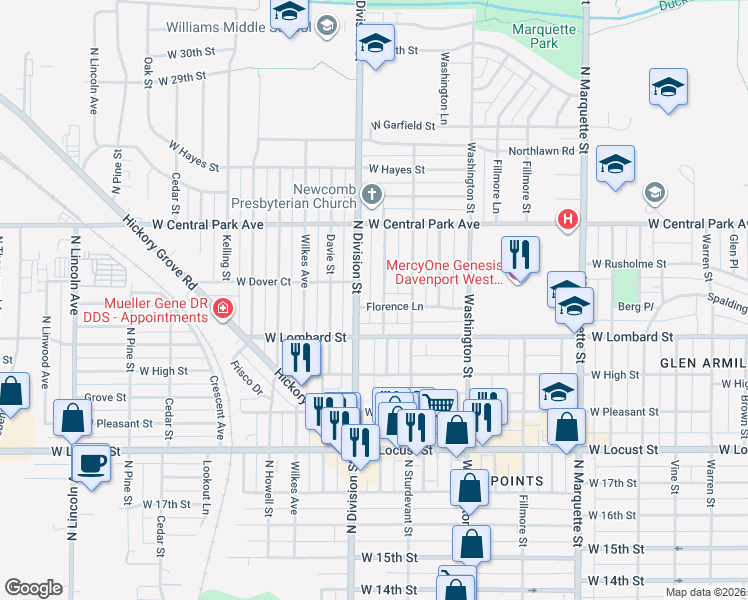 map of restaurants, bars, coffee shops, grocery stores, and more near 2222 Madison St in Davenport