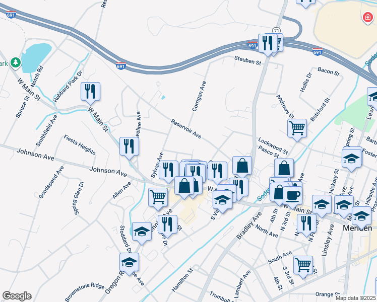 map of restaurants, bars, coffee shops, grocery stores, and more near 57 Vale Avenue in Meriden