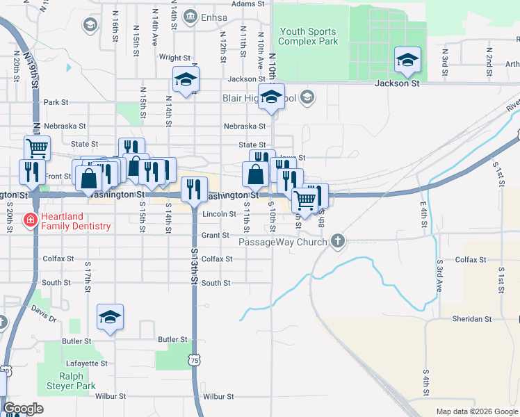 map of restaurants, bars, coffee shops, grocery stores, and more near 1099 Lincoln Street in Blair