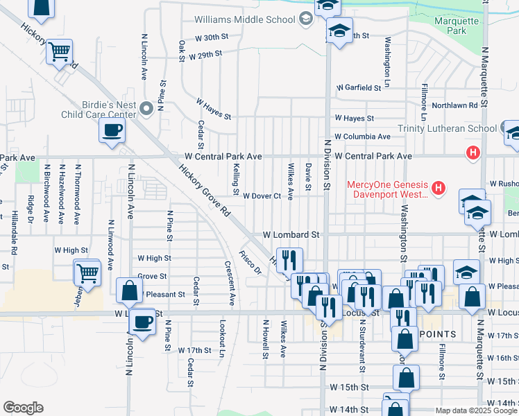 map of restaurants, bars, coffee shops, grocery stores, and more near 2222 North Howell Street in Davenport