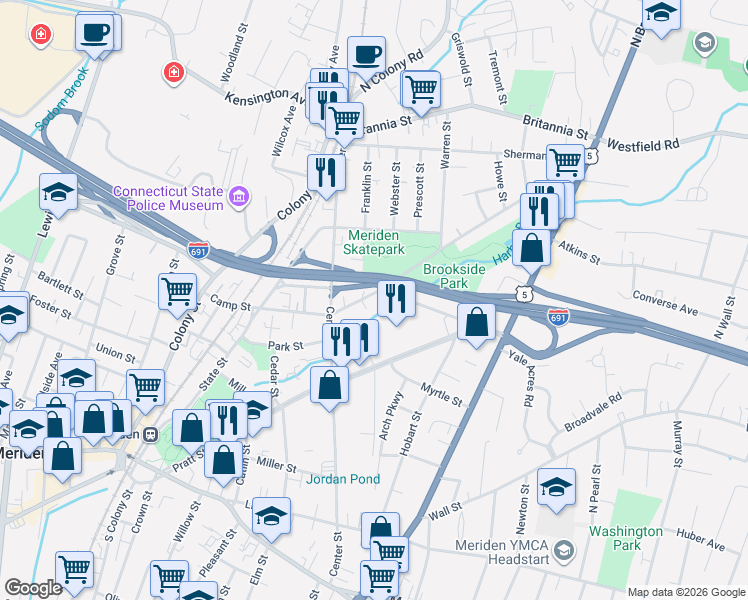 map of restaurants, bars, coffee shops, grocery stores, and more near 201 Camp Street in Meriden