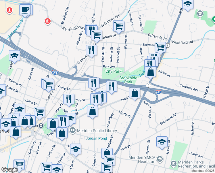 map of restaurants, bars, coffee shops, grocery stores, and more near 201 Camp Street in Meriden