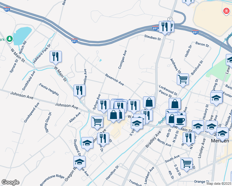 map of restaurants, bars, coffee shops, grocery stores, and more near 57 Vale Avenue in Meriden