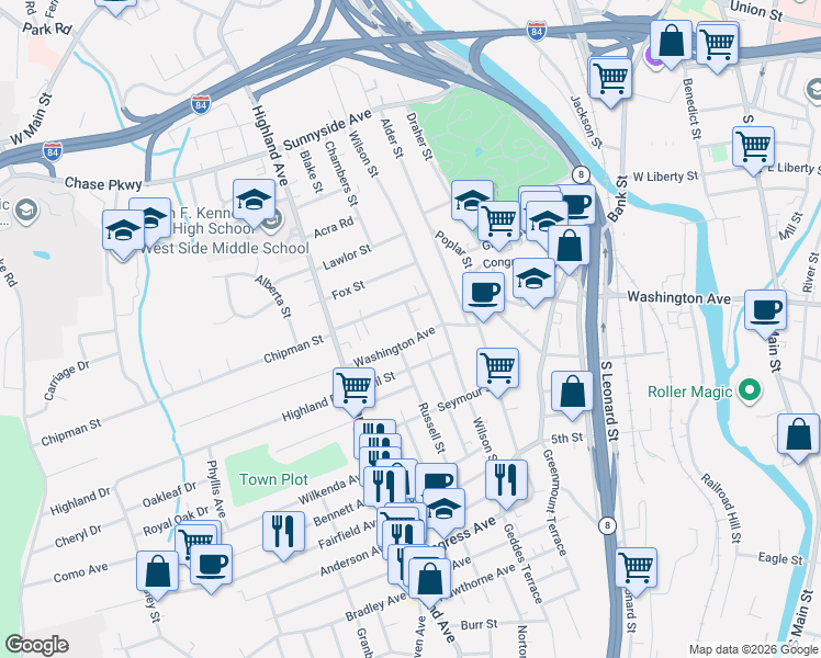 map of restaurants, bars, coffee shops, grocery stores, and more near 557 Washington Avenue in Waterbury