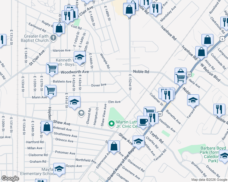 map of restaurants, bars, coffee shops, grocery stores, and more near 14812 Alder Avenue in East Cleveland