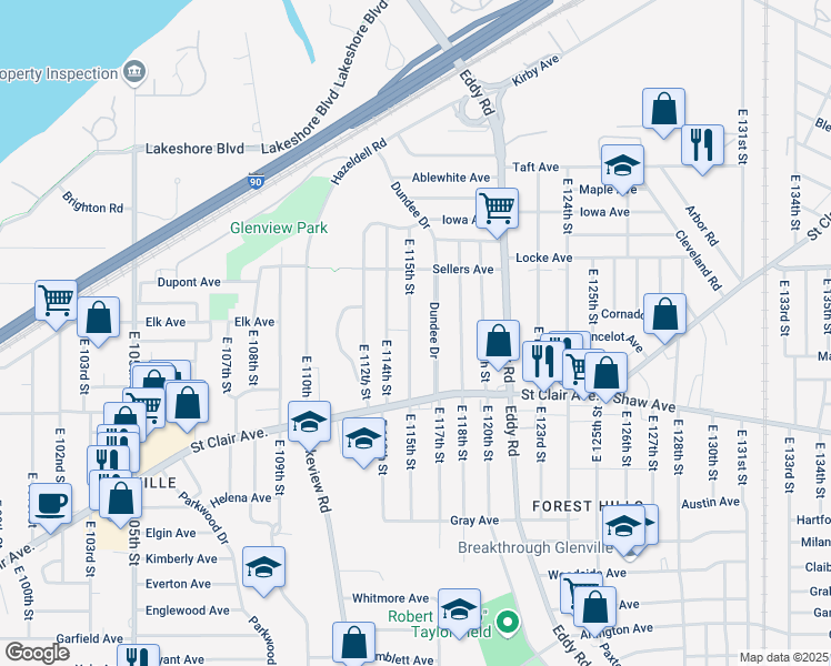 map of restaurants, bars, coffee shops, grocery stores, and more near 543 East 115th Street in Cleveland