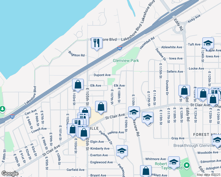 map of restaurants, bars, coffee shops, grocery stores, and more near 540 East 107th Street in Cleveland