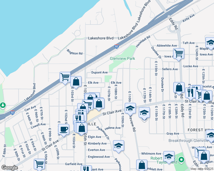 map of restaurants, bars, coffee shops, grocery stores, and more near 540 East 107th Street in Cleveland