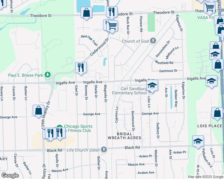 map of restaurants, bars, coffee shops, grocery stores, and more near 1103 Elizabeth Court in Crest Hill