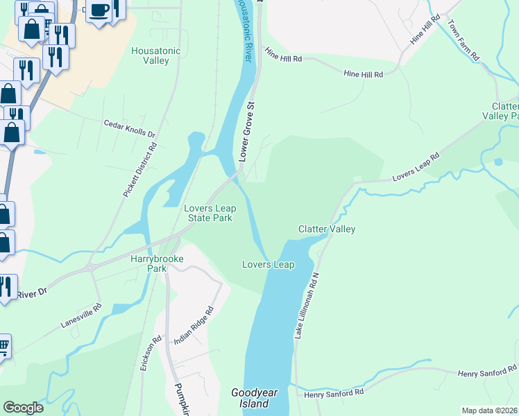 map of restaurants, bars, coffee shops, grocery stores, and more near 3 Lisa Court in New Milford