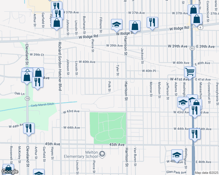 map of restaurants, bars, coffee shops, grocery stores, and more near 4164 Polk Street in Gary