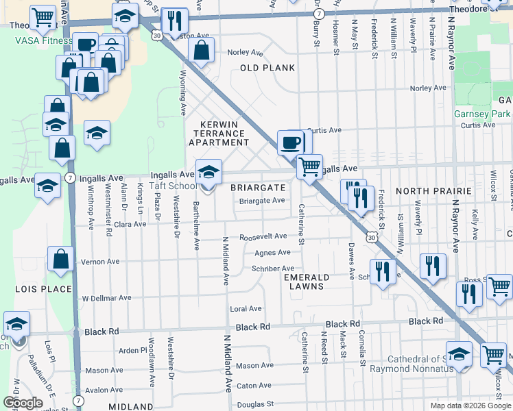 map of restaurants, bars, coffee shops, grocery stores, and more near 1302 Briargate Avenue in Joliet