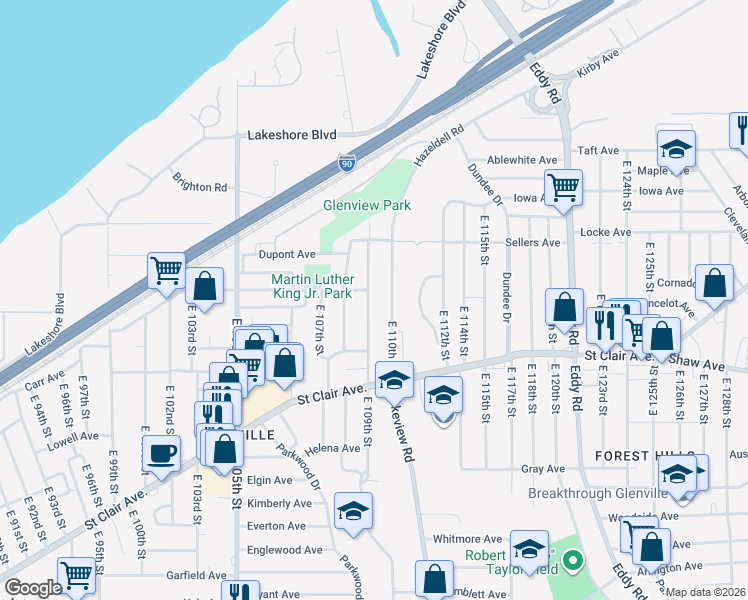 map of restaurants, bars, coffee shops, grocery stores, and more near 540 East 110th Street in Cleveland