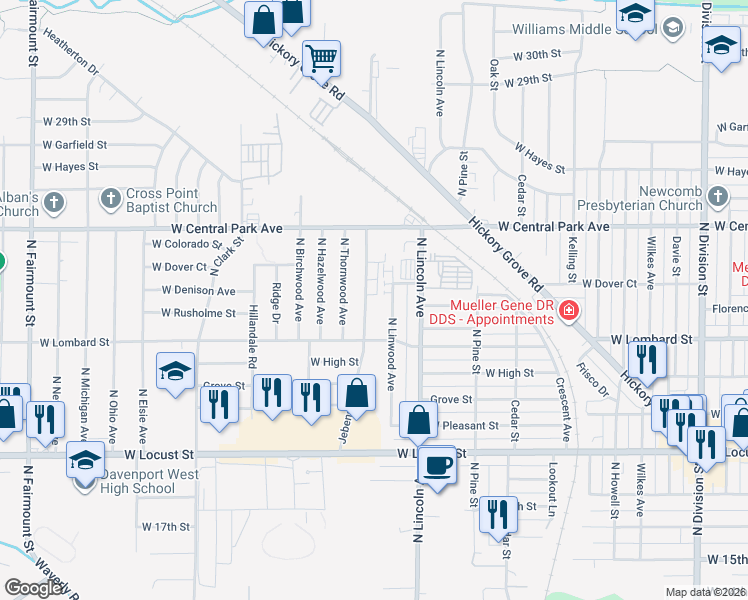 map of restaurants, bars, coffee shops, grocery stores, and more near 2307 Jebens Avenue in Davenport