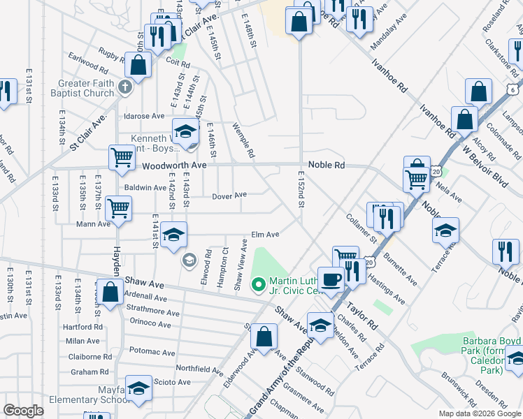 map of restaurants, bars, coffee shops, grocery stores, and more near 14812 Alder Avenue in East Cleveland