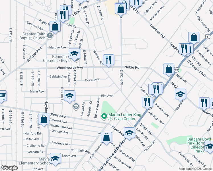 map of restaurants, bars, coffee shops, grocery stores, and more near 14812 Alder Avenue in East Cleveland