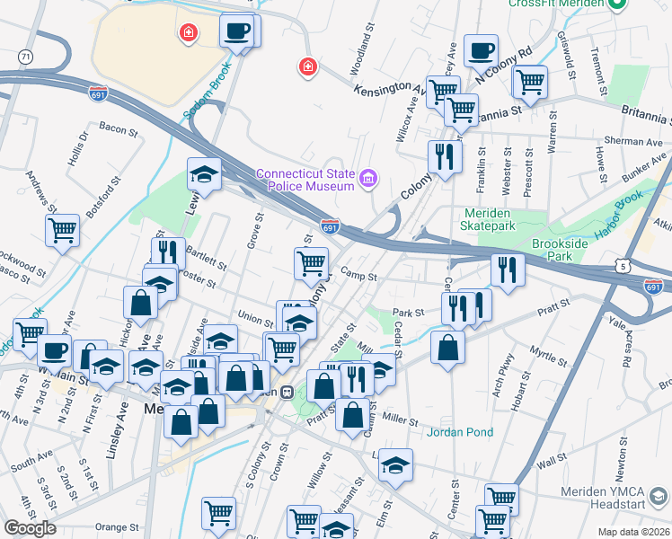 map of restaurants, bars, coffee shops, grocery stores, and more near 183 Colony Street in Meriden