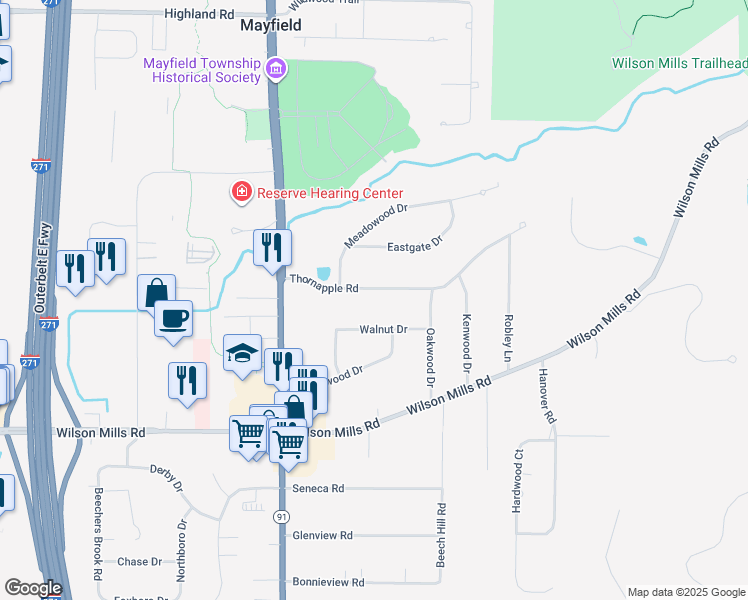 map of restaurants, bars, coffee shops, grocery stores, and more near 6743 Walnut Drive in Gates Mills