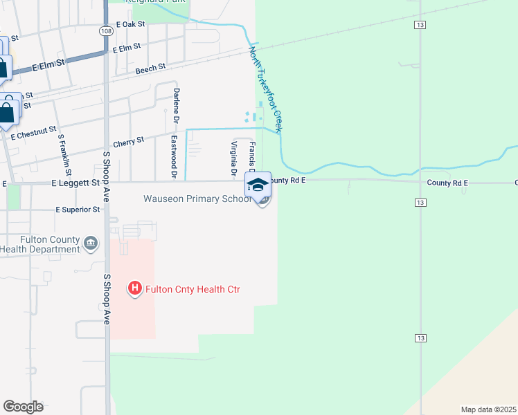 map of restaurants, bars, coffee shops, grocery stores, and more near 940 East Leggett Street in Wauseon