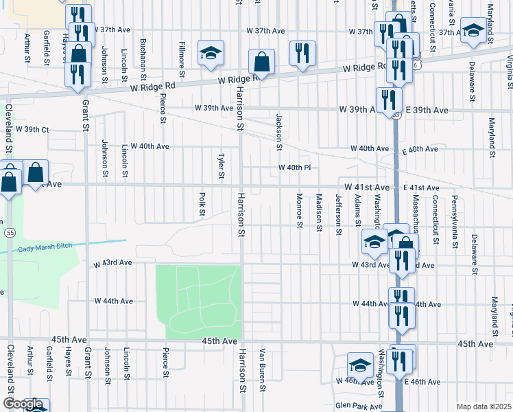 map of restaurants, bars, coffee shops, grocery stores, and more near 4184 Van Buren Street in Gary