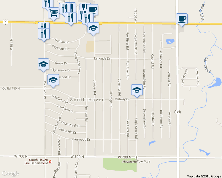map of restaurants, bars, coffee shops, grocery stores, and more near 755 Heritage Rd in Valparaiso