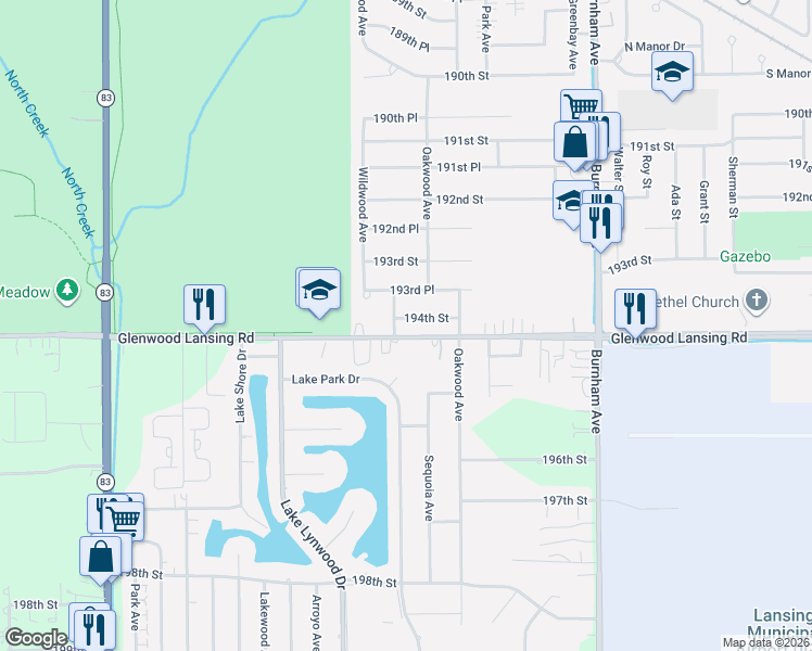 map of restaurants, bars, coffee shops, grocery stores, and more near 2847 194th Street in Lansing