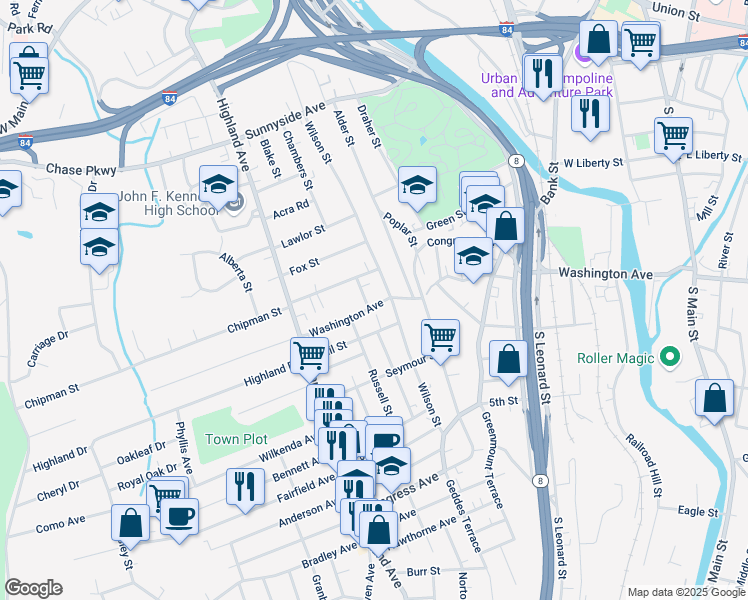 map of restaurants, bars, coffee shops, grocery stores, and more near 540 Washington Avenue in Waterbury