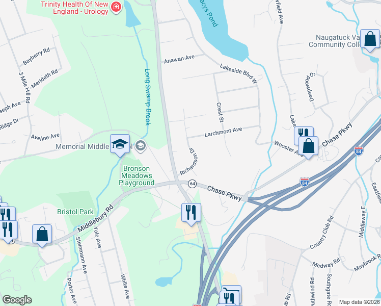 map of restaurants, bars, coffee shops, grocery stores, and more near 79 Richardson Drive in Middlebury