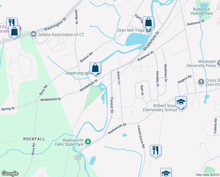 map of restaurants, bars, coffee shops, grocery stores, and more near 33 Forest Street in Middletown