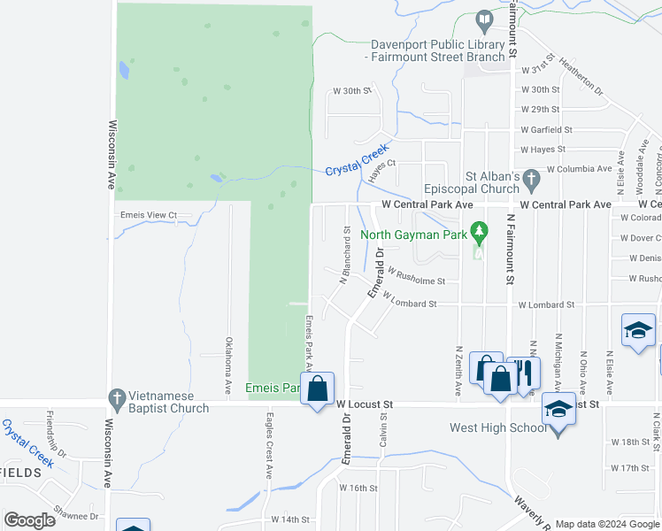 map of restaurants, bars, coffee shops, grocery stores, and more near 4410 West Lombard Court in Davenport