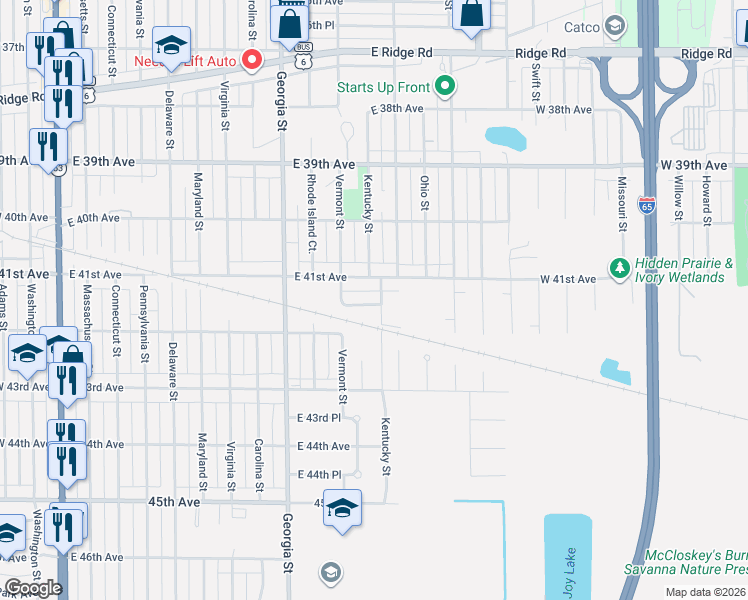 map of restaurants, bars, coffee shops, grocery stores, and more near 4138 Kentucky Street in Gary
