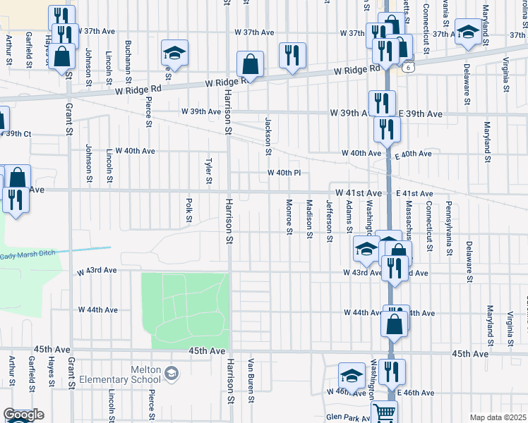map of restaurants, bars, coffee shops, grocery stores, and more near 4177 Jackson Street in Gary
