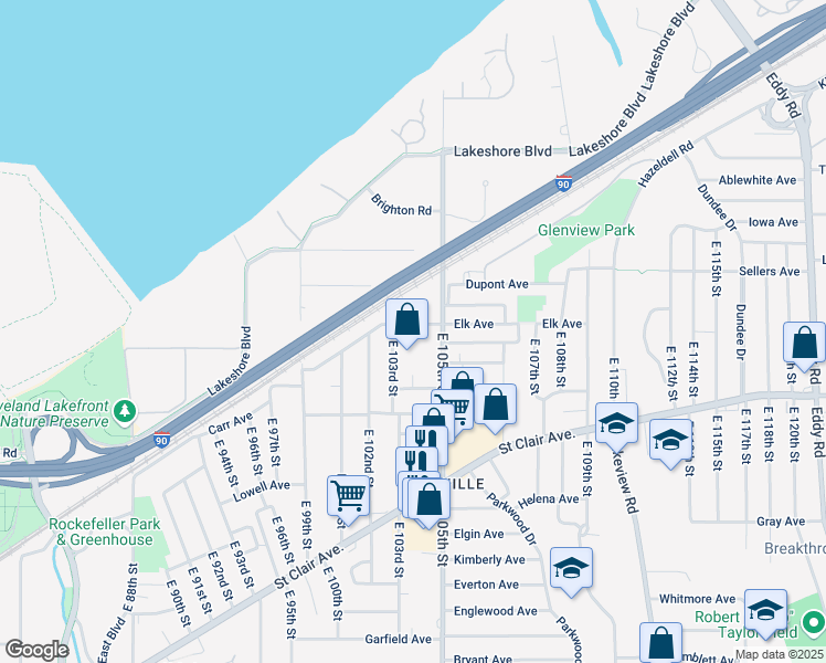 map of restaurants, bars, coffee shops, grocery stores, and more near 10322 Elk Avenue in Cleveland