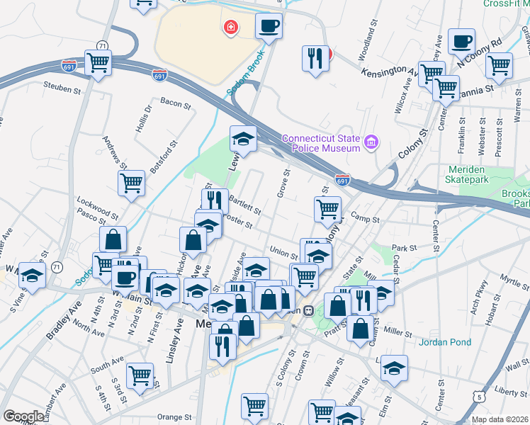 map of restaurants, bars, coffee shops, grocery stores, and more near 222 Grove Street in Meriden