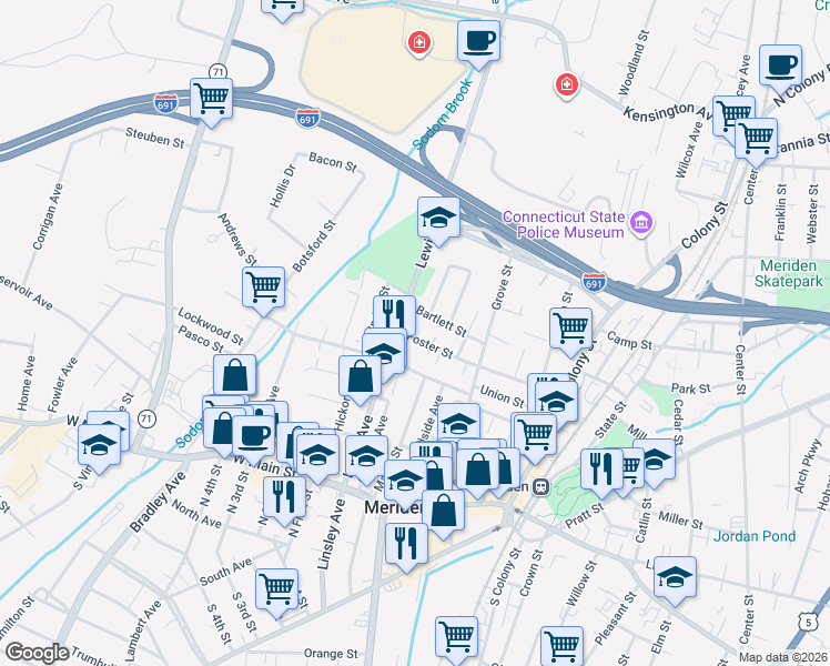 map of restaurants, bars, coffee shops, grocery stores, and more near 81 Springdale Avenue in Meriden