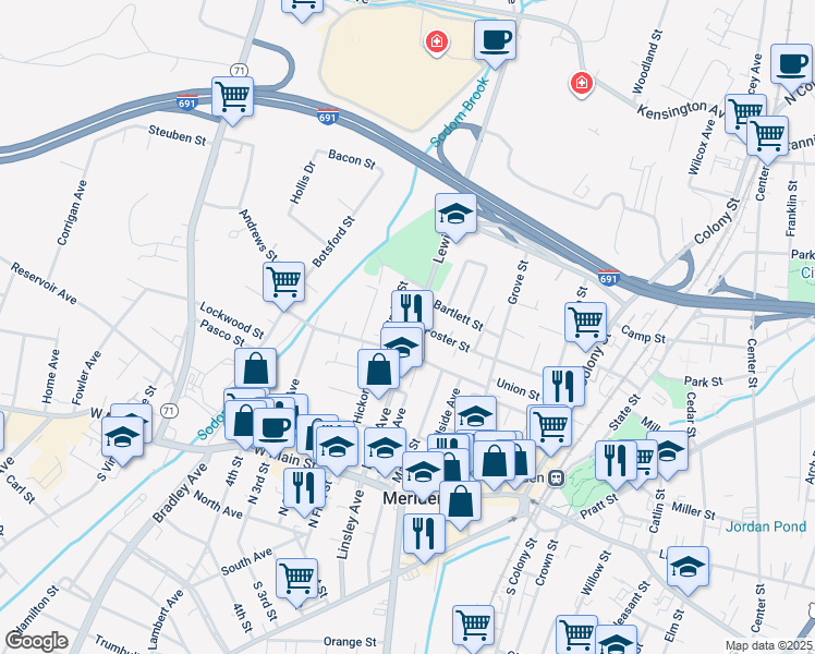 map of restaurants, bars, coffee shops, grocery stores, and more near 81 Springdale Avenue in Meriden