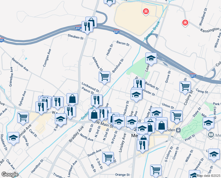 map of restaurants, bars, coffee shops, grocery stores, and more near 110 Windsor Avenue in Meriden