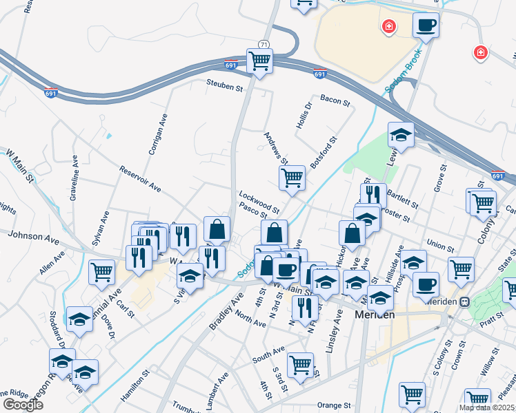 map of restaurants, bars, coffee shops, grocery stores, and more near 36 Pasco Street in Meriden