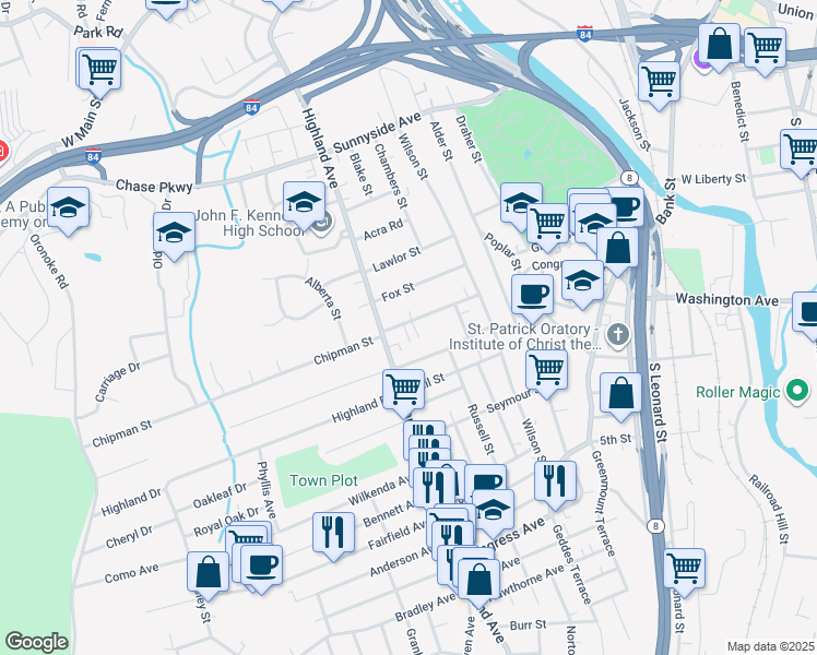 map of restaurants, bars, coffee shops, grocery stores, and more near 561 Highland Avenue in Waterbury
