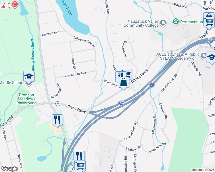 map of restaurants, bars, coffee shops, grocery stores, and more near 119 Mason Avenue in Waterbury